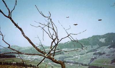 Billy Meier photo - Three UFOs with tree branch